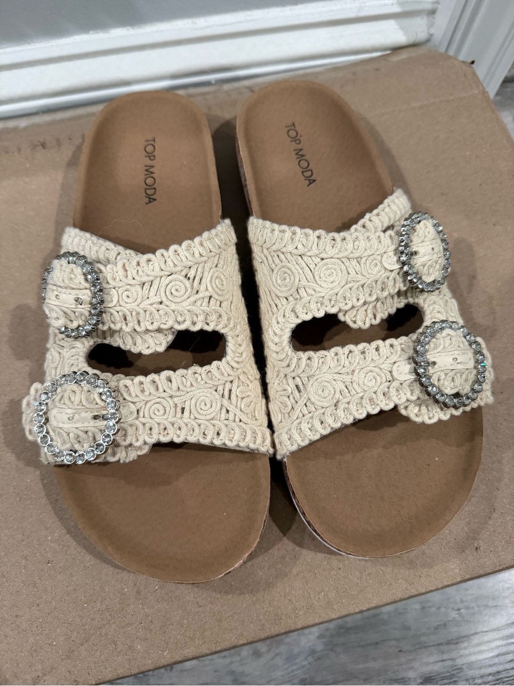 TOP Moda Cream Crochet Slide Sandals with Sparkling Buckles